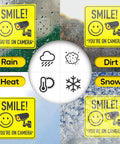 Smile Youre On Camera Signs 7 By 7 Inch 8 Pack Security Notice Stickers For Home Office And Outdoors Deterrent Alerts Visitors Theyre On Camera And Helps Keep Your Family And Property Safe With This Easy To Install Sign Set. 7x7 inch vinyl signs on rain, dirt, heat and snow