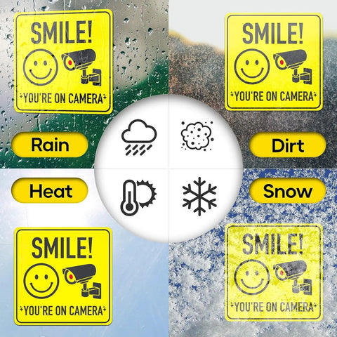 Smile Youre On Camera Signs 7 By 7 Inch 8 Pack Security Notice Stickers For Home Office And Outdoors Deterrent Alerts Visitors Theyre On Camera And Helps Keep Your Family And Property Safe With This Easy To Install Sign Set. 7x7 inch vinyl signs on rain, dirt, heat and snow