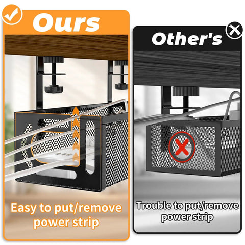 Comparison of under desk cable management tray, featuring our no drill steel desk organizer with side opening for easy cable routing.