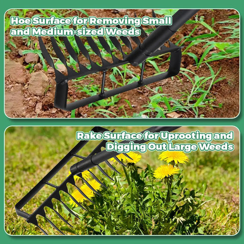 All In One Garden Hoe And Weed Puller With 76.8 Inch Adjustable Stainless Steel Handle showing hoe and rake surfaces