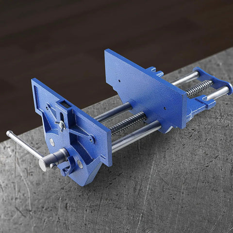 Beast Mode Heavy Duty Cast Iron Workbench Vise With Quick Release Lever 13 Inch, blue vice mounted on metallic surface.