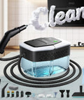 Top Shelf Handheld Steam Cleaner Featuring 3 Adjustable Temp Settings And A Massive 1.8 Liter Tank with black handle and hose on kitchen surface.