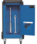 Mobile Tool Cart With Eight Deep Drawers Rock Solid Build Smooth Glide Casters features open door with tools and organized storage.