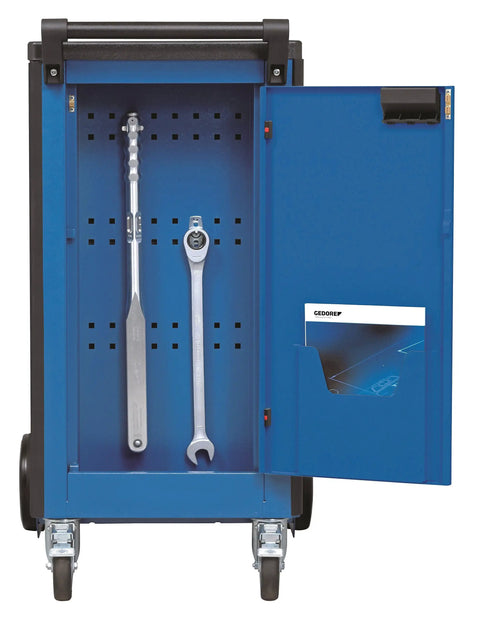 Mobile Tool Cart With Eight Deep Drawers Rock Solid Build Smooth Glide Casters features open door with tools and organized storage.
