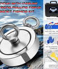 Magnet fishing kit front view with 3.7-inch magnet, 1725 lb pull, carrying case, blue rope, gloves, grappling hook