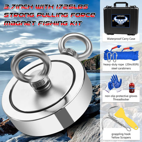 Magnet fishing kit front view with 3.7-inch magnet, 1725 lb pull, carrying case, blue rope, gloves, grappling hook