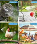 60 Inch Outdoor Hose Mister For Patio Flexible Standing Mister Portable Garden Misters For Cooling Outdoor Backyard Water Mist System Aluminum Adjustable Tube Bird Bath Chill Play, showing mist fan, garden, chicken, and umbrella misters in various outdoor settings
