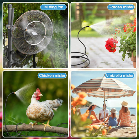 60 Inch Outdoor Hose Mister For Patio Flexible Standing Mister Portable Garden Misters For Cooling Outdoor Backyard Water Mist System Aluminum Adjustable Tube Bird Bath Chill Play, showing mist fan, garden, chicken, and umbrella misters in various outdoor settings