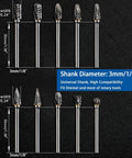 Double Cut Carbide Burr Set Ten Pieces With One Eighth Inch Shanks on black display
