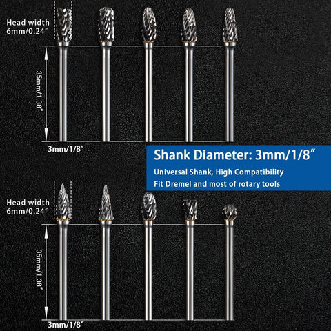 Double Cut Carbide Burr Set Ten Pieces With One Eighth Inch Shanks on black display