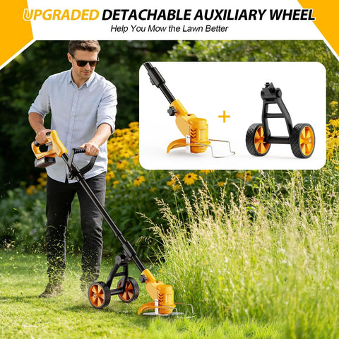 Man using Cordless 21V Weed Eater with three cutting attachments, including removable auxiliary wheels, for lawn care