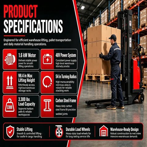 Heavy Duty 3300 Lbs Semi Electric Straddle Pallet Stacker With A Smooth 48V Motor Plus Durable Polyurethane Tires Built Like A Badass Workhorse For Seamless Daily Warehouse Tasks, displaying specifications in warehouse setting.