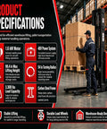 Heavy Duty Semi Electric Pallet Stacker With 3300 Pound Capacity And 95 Inch High Lift, showcasing specifications in a warehouse setting.