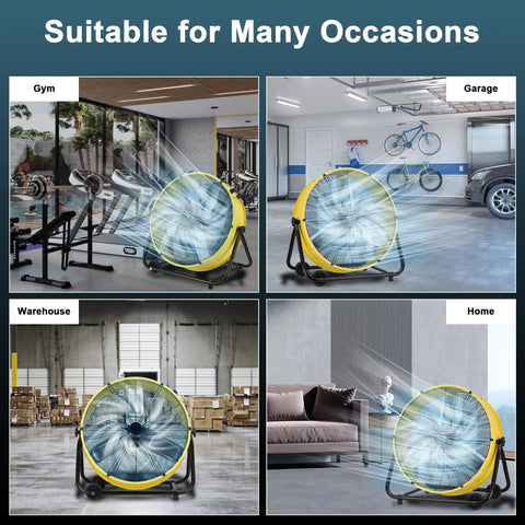 30 Inch Industrial Floor Fan Delivers Beast Mode 14000 CFM High Velocity Drum Shop Fan with 3 speed settings in different locations