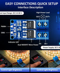Diagram of Dual High Power MOSFET Trigger Switch Drive Module For DC Motors And Lighting with connection setup and LED control