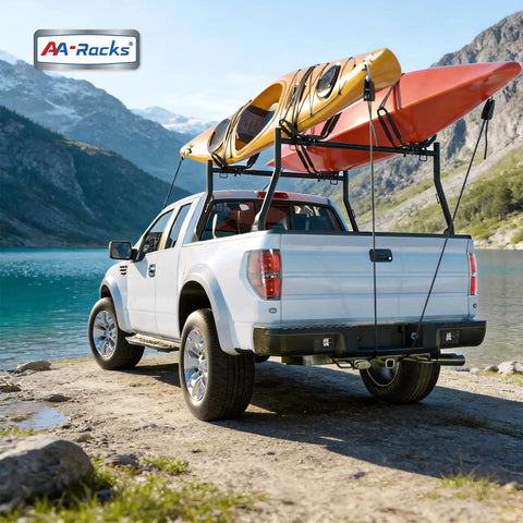 Heavy Duty Extending Steel Truck Bed Ladder Rack With Dual Kayak J Cradles And No Drill Z Clamps on white pickup truck by lake.