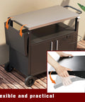 Outdoor Grill Cart With Large Storage And Foldable Stainless Steel Top Wheels And Towel Rack Bottle Opener Trash Rack 6 S Hooks Portable Bar Table And Pizza Oven Table For Patio Kitchen Island Bbq Black shown open on patio