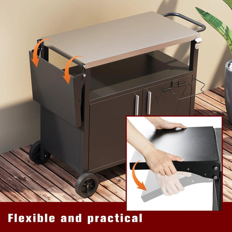 Outdoor Grill Cart With Large Storage And Foldable Stainless Steel Top Wheels And Towel Rack Bottle Opener Trash Rack 6 S Hooks Portable Bar Table And Pizza Oven Table For Patio Kitchen Island Bbq Black shown open on patio