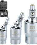 Two Stage Swivel Magnetic Socket Extensions For One Quarter, Three Eighths And One Half Inch Drives With Fixed And Pivot Modes, Replaces Two Tools, Built For Tight Spots And Easy Access In Confined Areas. 1/4 3/8 1/2 inch swivel socket extensions in case