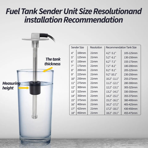 Fuel Sending Unit 240-33 Ohm 9 Inch Marine Gas Tank Sender For Boats And Vehicles, Universal Float Sensor For Boats, Cars, Generators, Engines, And Heavy Machinery, stainless steel size chart