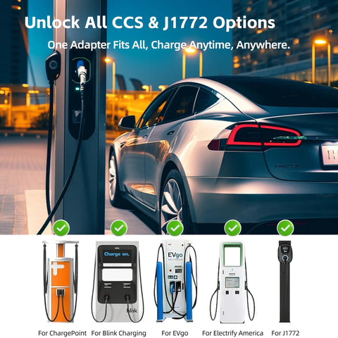 Tesla Model 3 charging at a station with Upgraded Ccs To J1772 Adapter Brings Badass Plug And Play Speed For Tesla Cybertruck And Model 3 Y S X Electric Cars Heavy Duty Build Slays Slow Charging With Snappy High Wattage Power Delivery.