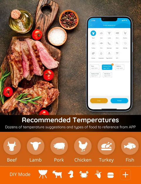 Smartphone displaying app for WiFi Meat Thermometer With 4 Probes near grilled meat on cutting board.