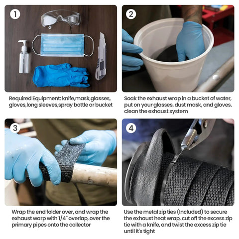 Step-by-step installation guide for Exhaust Heat Wrap Kit 2 Inch 16 Foot High Temp Fiberglass Header Wrap and locking ties on exhaust