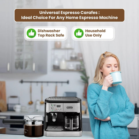 Woman enjoying coffee with Premium 4 Cup Universal Glass Espresso Carafe Replacement for Home Brews on kitchen counter.