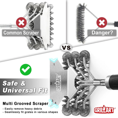 Comparison of a common brush vs. Bristle Free Grill Brush And Scraper 18 Inch Safe BBQ Cleaner For Porcelain Grates And Gas Or Charcoal Grills No Bristles Melting Risk Free Grilling Tool Gift For Grill Lovers And Masters