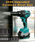 Beefed Up Cordless Rivet Gun With Brushless Power Automatic Pop Rivet Tool for 18V Max Batteries shown with parts and features