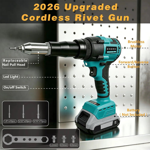 Beefed Up Cordless Rivet Gun With Brushless Power Automatic Pop Rivet Tool for 18V Max Batteries shown with parts and features