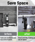 Comparison of tools cluttered before and organized after using Wall Mount Jack Stand Organizer For Garage Tools Keeps Floor Clear By Storing Hydraulic Trolley Jack Stands On The Wall Car And Trailer Maintenance Hangers Heavy Duty Jack Stands Holder Storage.