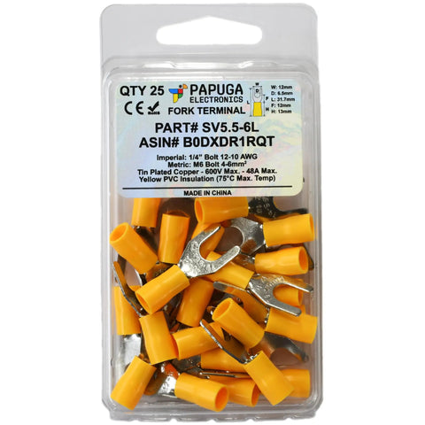 Insulated Fork Spade Crimp Connectors Set 25 Pieces For 12-10 AWG Wires 4-6 mm2 Wide Version Fits Quarter Inch Screw Terminals