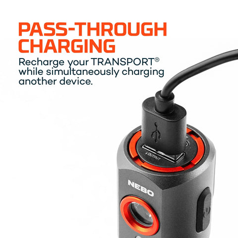 Close-up of Two In One Car Charger And Flashlight With 400 Lumens Six Light Modes USB-C port showing pass-through charging capability.