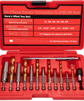 Fourteen Piece Spiral Screw Extractor Set With Tungsten Carbide Tip Scriber Pen Cobalt Left Hand Drill Bits in red case