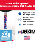 Solid Carbide Spektra Compression Spiral CNC Router Bit with colorful nanocoating and tool life information, part #46170-K.