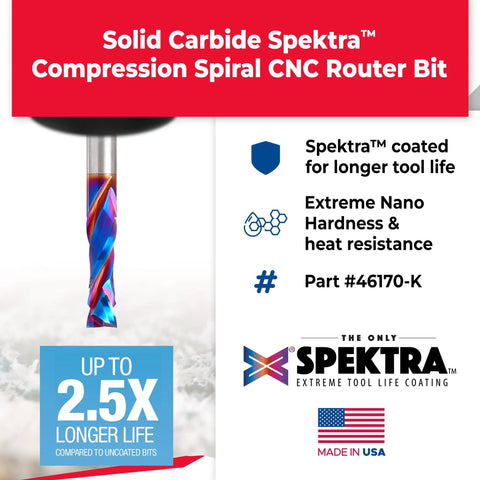 Solid Carbide Spektra Compression Spiral CNC Router Bit with colorful nanocoating and tool life information, part #46170-K.