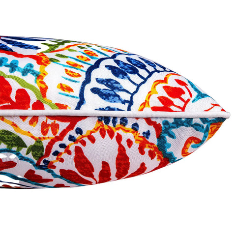 Close-up of colorful paisley pattern on All-Weather Water-Resistant Outdoor Pillows Set of 2, 12x20 Inch, with inserts for patio furniture.