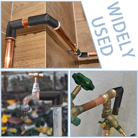 Four Piece One Half Inch Pipe Insulation Foam Tubing Elbows For Outdoor Water Lines installed on various pipe fittings