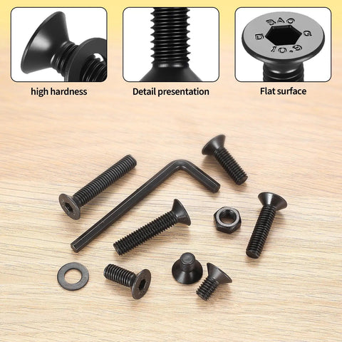 Close-up of 161 PCS M6 Countersunk Bolts Kit including flat head screws, hex socket nuts, and wrench for DIY mechanics.