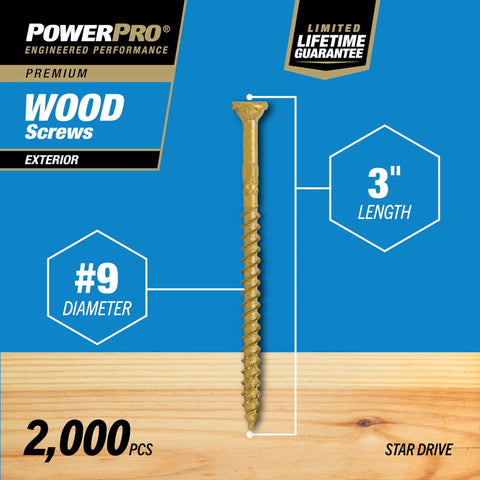 Rugged Exterior Wood Screws For Decks 9 By 3 Inch Bronze Finish Pro Grade Outdoor Deck Screws With Epoxy Coating For Corrosion Resistance Self Starting Tip Includes T25 Star Bit 2000 Count displayed on blue and wood background.