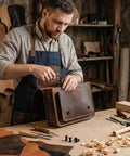 Top Shelf Black Chicago Screws And Binding Post Tools For Leather Crafting And Scrapbook Binding M4 X 8mm Carbon Steel Fasteners being used on a leather bag.