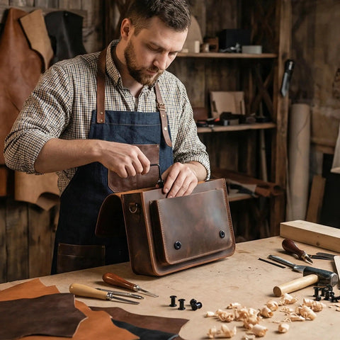 Top Shelf Black Chicago Screws And Binding Post Tools For Leather Crafting And Scrapbook Binding M4 X 8mm Carbon Steel Fasteners being used on a leather bag.