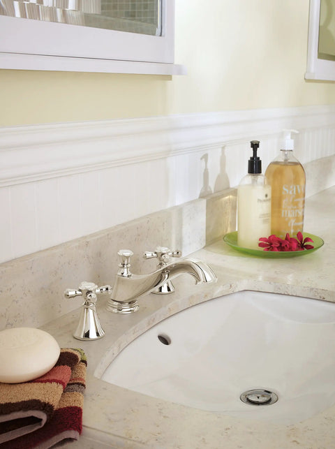 Bathroom sink with Polished Nickel Faucet Part H295PN Replacement Kit installed, featuring classic modern style and ceramic disc