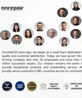 Nnrepair company team with over 20 employees showcased in circular photos with company mission statement and achievements.