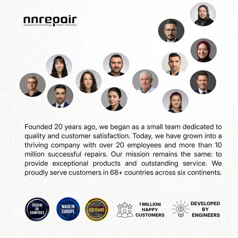 Nnrepair company team with over 20 employees showcased in circular photos with company mission statement and achievements.