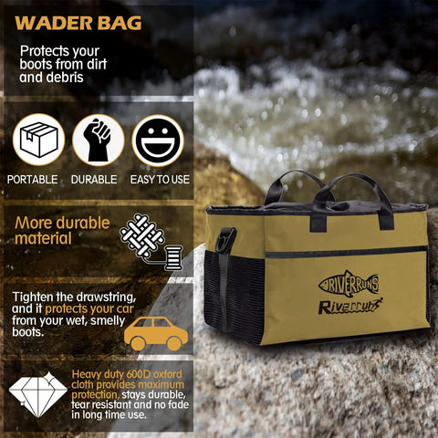 Vented Wader Bag With Mesh Panels For Fishing And Hunting, Water Resistant 108L Gear Tote, Khaki XL near river