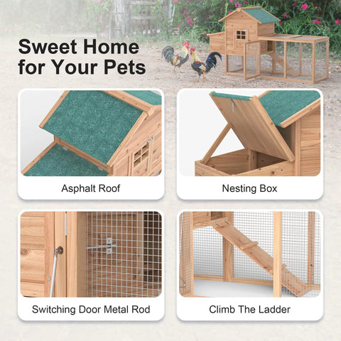 Outdoor Chicken Coop For 2-4 Chickens Wooden Hen House With Nesting Box Ramp And Run Cage Built To Last Waterproof Asphalt Roof Wire Fence 80 Inch Long Poultry Hutch with features displayed