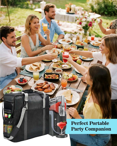 Group enjoying outdoor party with Ninja Slushie Machine Carrying Bag FS301 FS300 For Easy Grab And Go Travel Tote visible