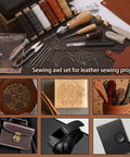 Pro Grade Leather Sewing Kit With Waxed Thread And Hand Sewing Machine Portable Stitching Tool For DIY Leather Repair And Craft With 11 Accessories 3 Needle Sizes 2 Spools And 6 Color Threads displayed with tools and threads.